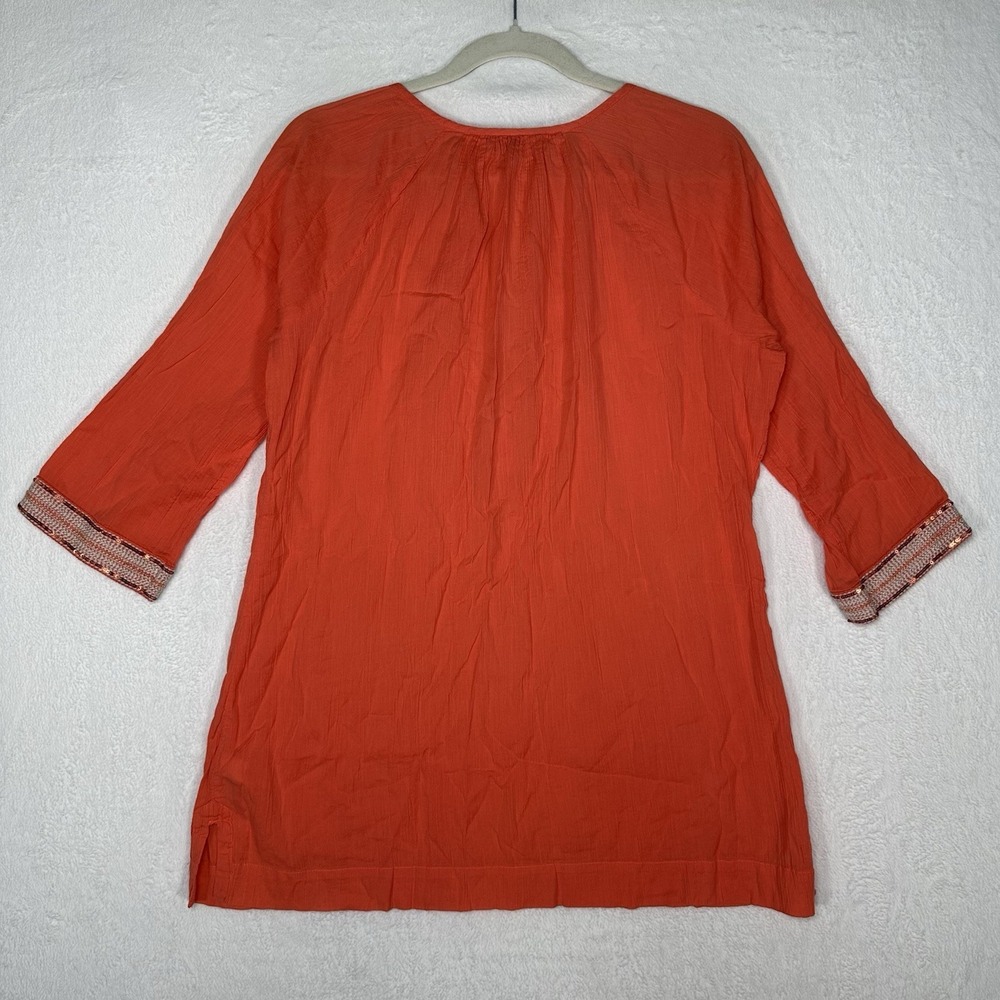 Athleta Embroidered Beaded Tunic S Coral Orange Cotton Sequin V-Neck Boho Resort - Picture 8 of 9